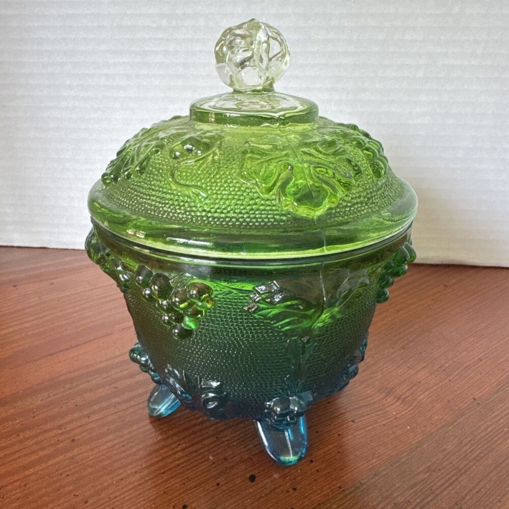 Vintage Clear Blue Green Footed Bowl Dish w Lid (Grape Vine Pattern)